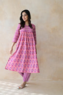 Purple Hand Block Printed Cotton Kurta Palazzo Set with Kota Doriya Dupatta