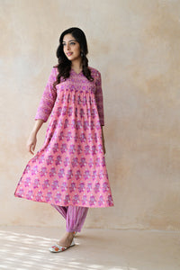 Purple Hand Block Printed Cotton Kurta Palazzo Set with Kota Doriya Dupatta
