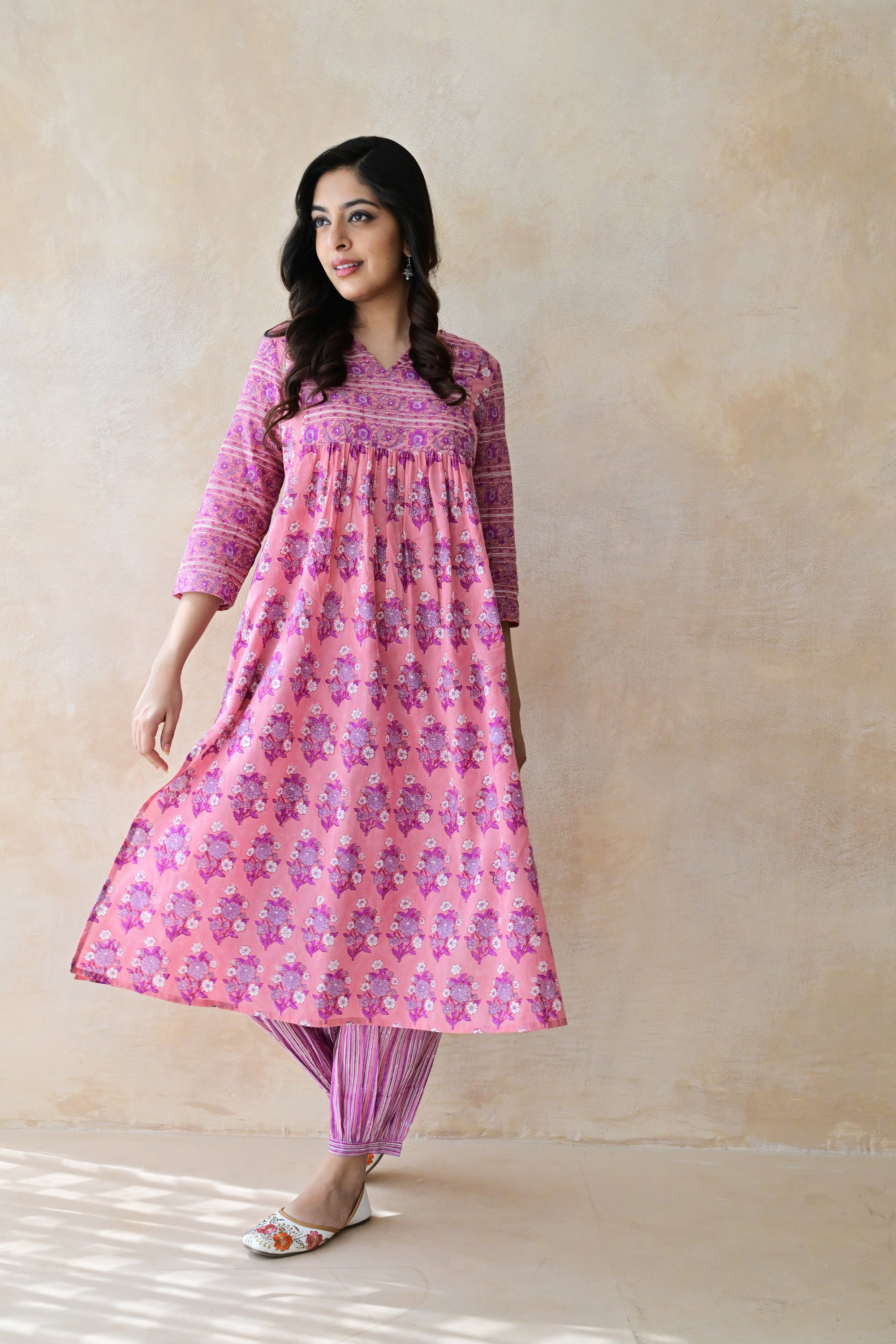 Purple Hand Block Printed Cotton Kurta Palazzo Set with Kota Doriya Dupatta