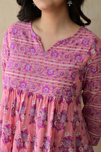 Purple Hand Block Printed Cotton Kurta Palazzo Set with Kota Doriya Dupatta