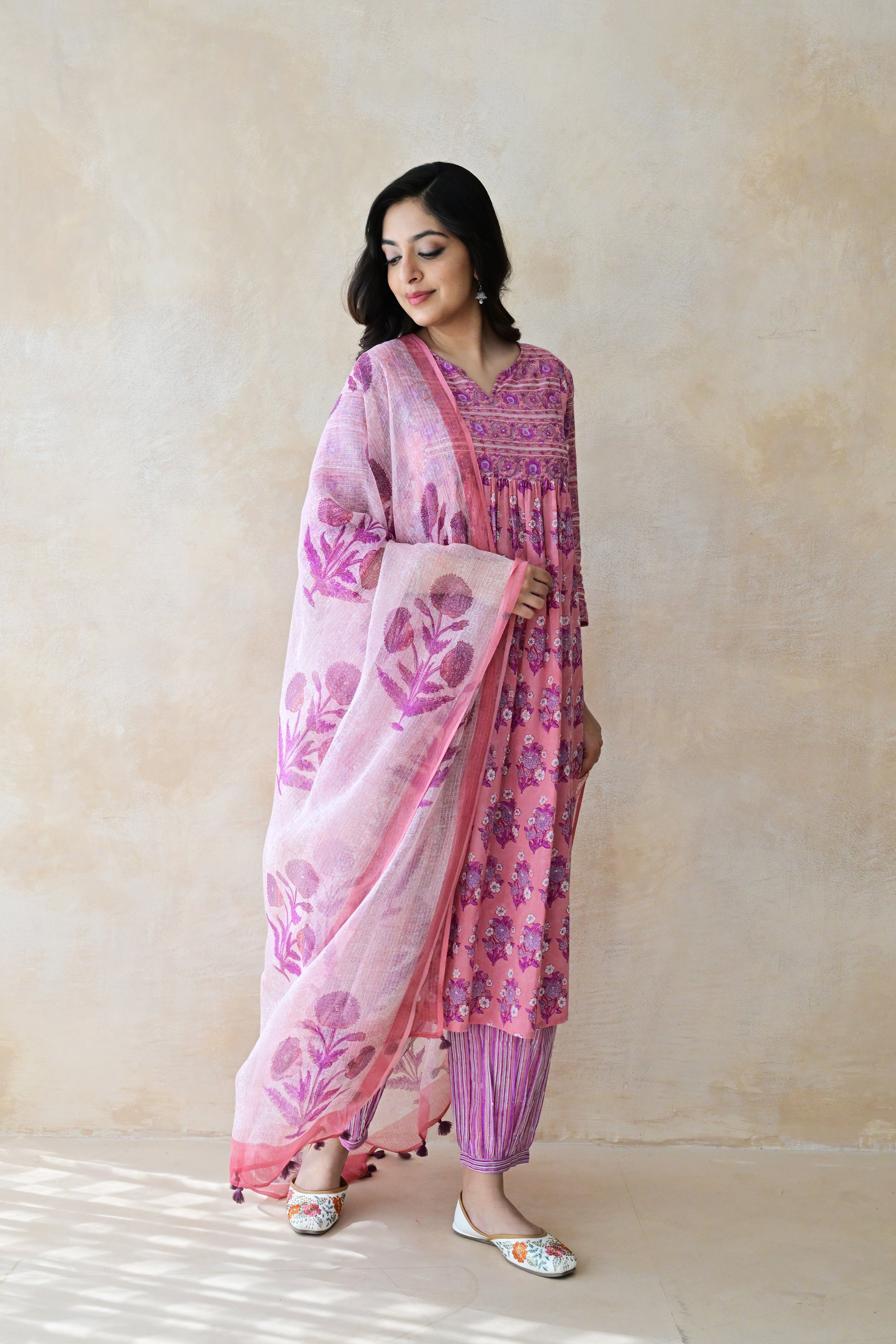 Purple Hand Block Printed Cotton Kurta Palazzo Set with Kota Doriya Dupatta