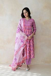 Purple Hand Block Printed Cotton Kurta Palazzo Set with Kota Doriya Dupatta