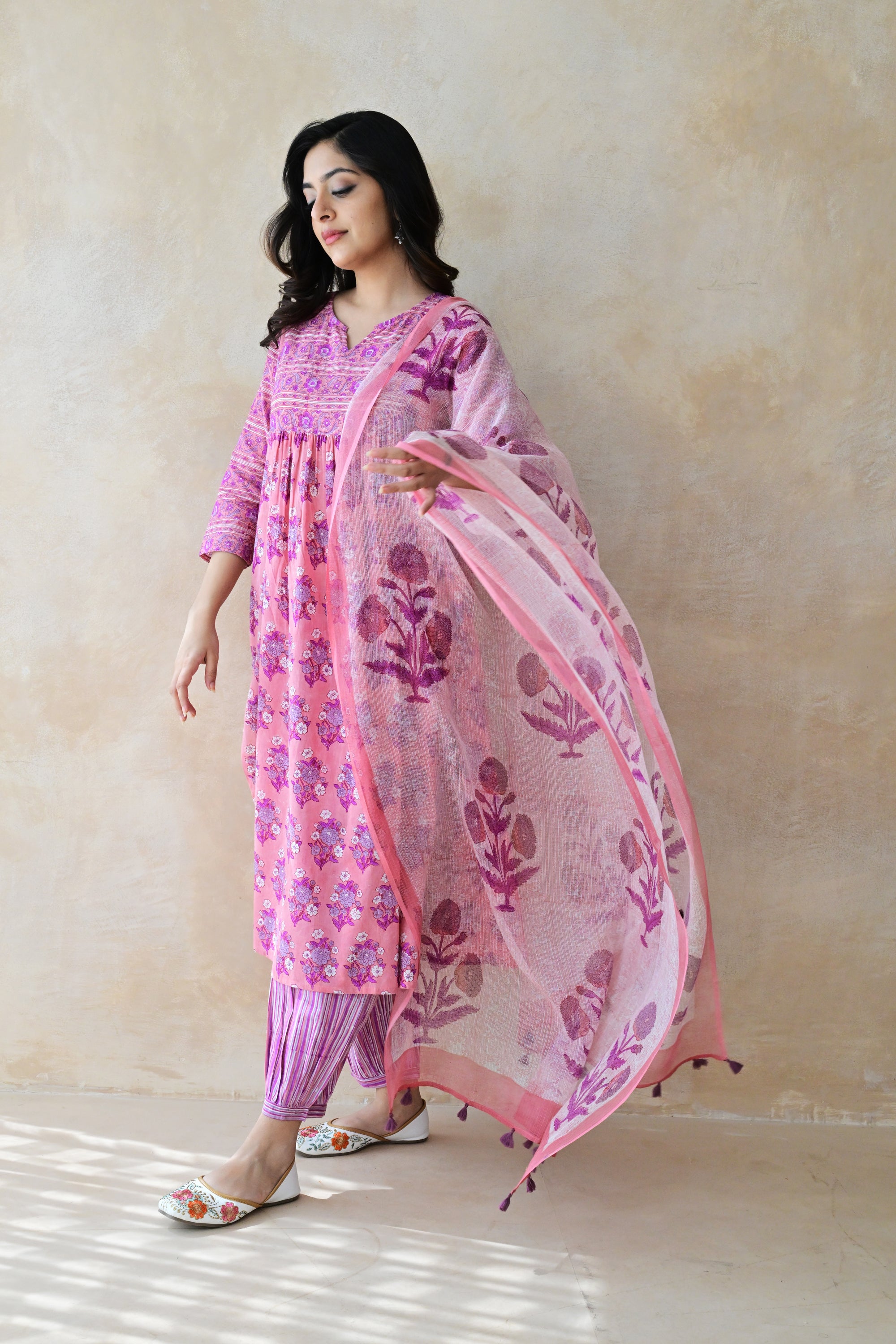 Purple Hand Block Printed Cotton Kurta Palazzo Set with Kota Doriya Dupatta