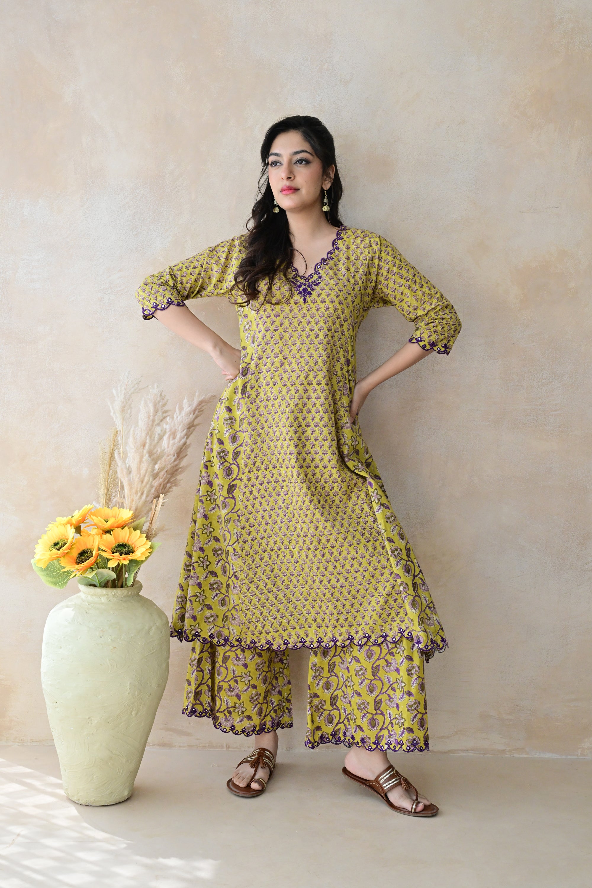 Mustard Yellow & Purple Hand Block Cotton Kurta Palazzo Set with Kota Doriya Dupatta