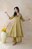 Mustard Yellow & Purple Hand Block Cotton Kurta Palazzo Set with Kota Doriya Dupatta