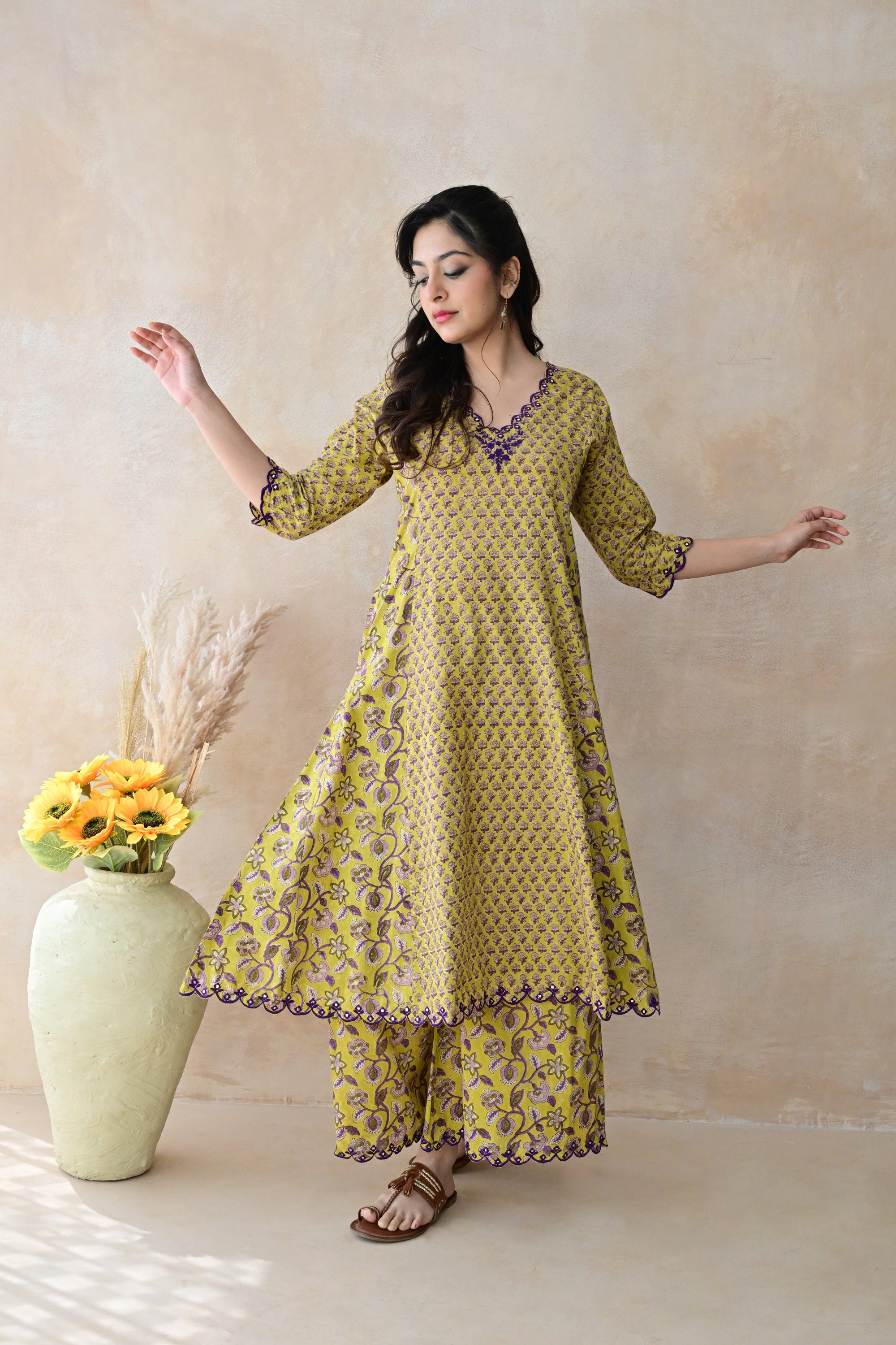 Mustard Yellow & Purple Hand Block Cotton Kurta Palazzo Set with Kota Doriya Dupatta