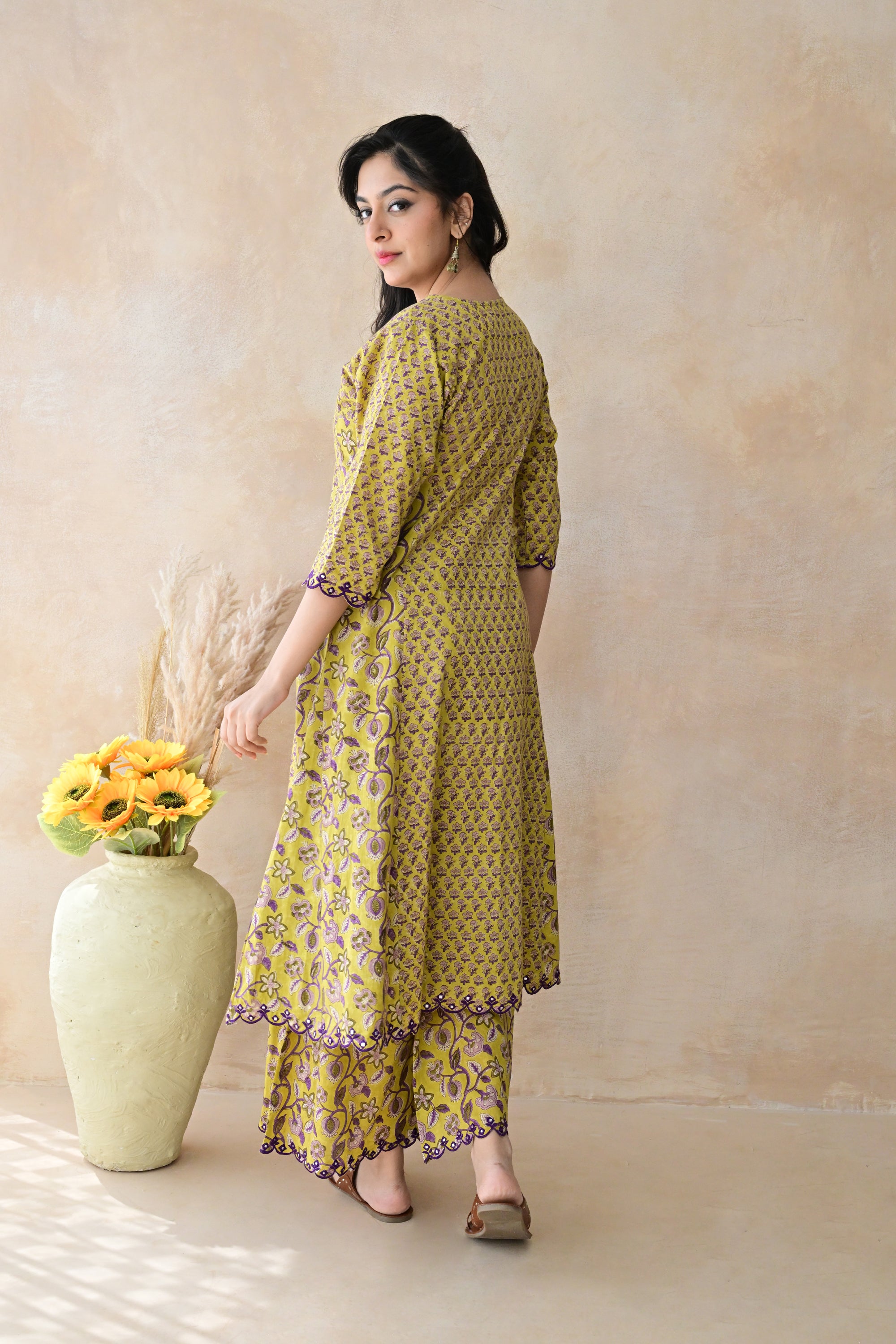 Mustard Yellow & Purple Hand Block Cotton Kurta Palazzo Set with Kota Doriya Dupatta