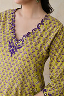 Mustard Yellow & Purple Hand Block Cotton Kurta Palazzo Set with Kota Doriya Dupatta