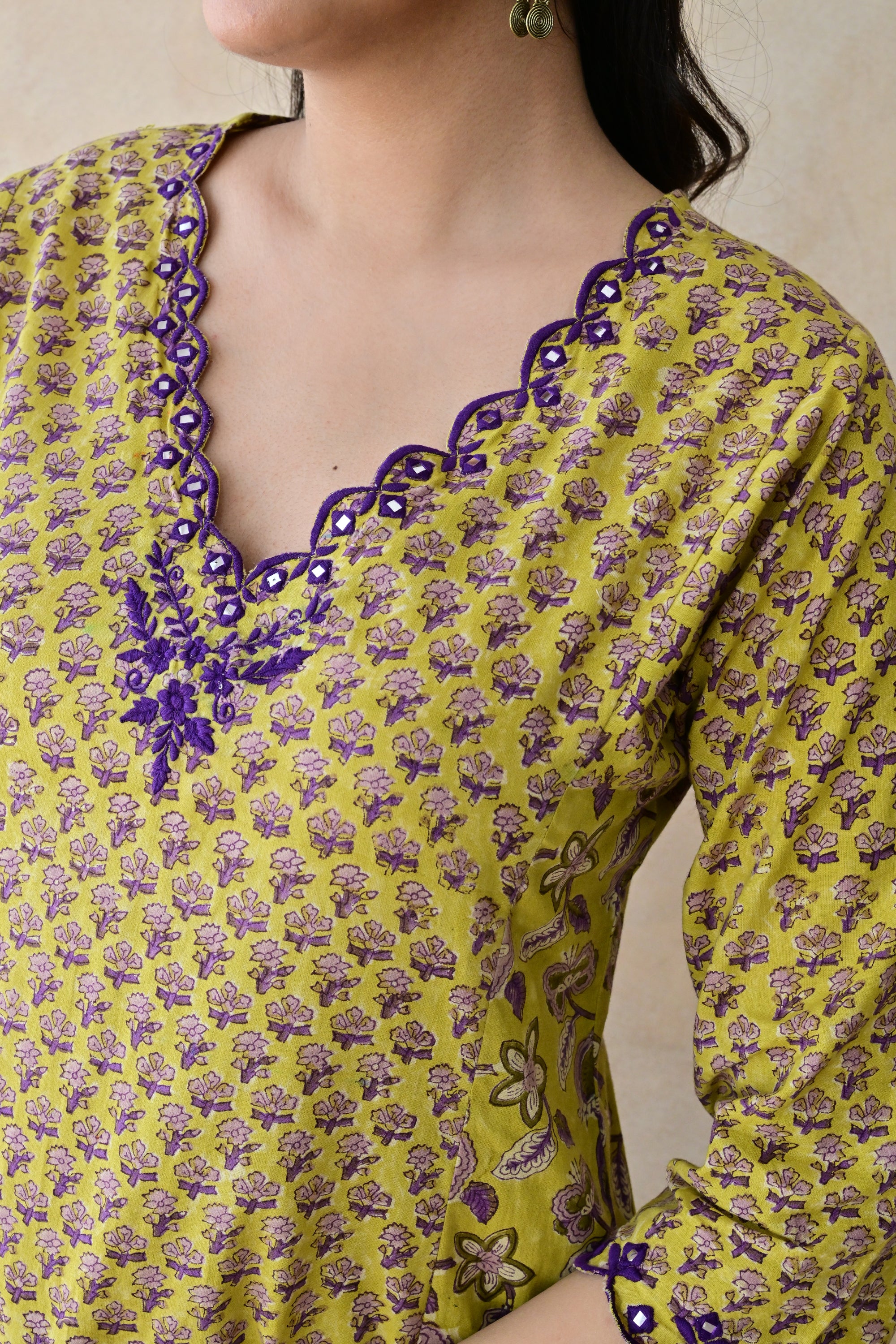 Mustard Yellow & Purple Hand Block Cotton Kurta Palazzo Set with Kota Doriya Dupatta
