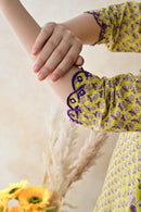 Mustard Yellow & Purple Hand Block Cotton Kurta Palazzo Set with Kota Doriya Dupatta