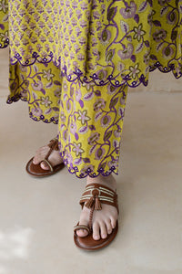 Mustard Yellow & Purple Hand Block Cotton Kurta Palazzo Set with Kota Doriya Dupatta