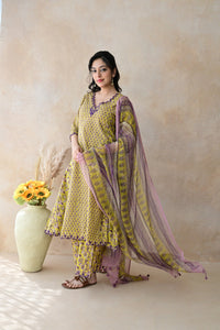Mustard Yellow & Purple Hand Block Cotton Kurta Palazzo Set with Kota Doriya Dupatta