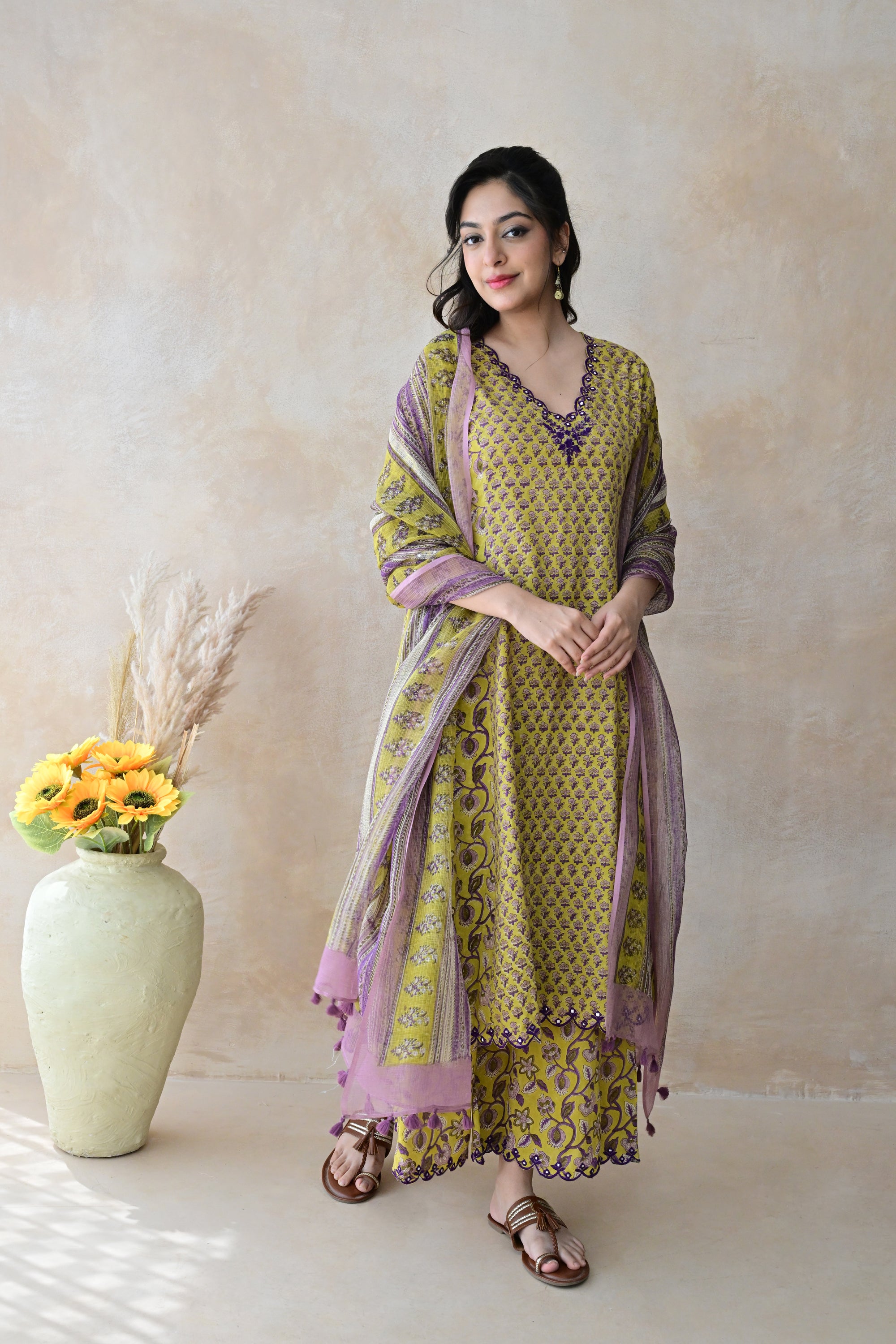 Mustard Yellow & Purple Hand Block Cotton Kurta Palazzo Set with Kota Doriya Dupatta