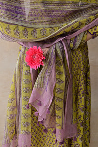 Mustard Yellow & Purple Hand Block Cotton Kurta Palazzo Set with Kota Doriya Dupatta