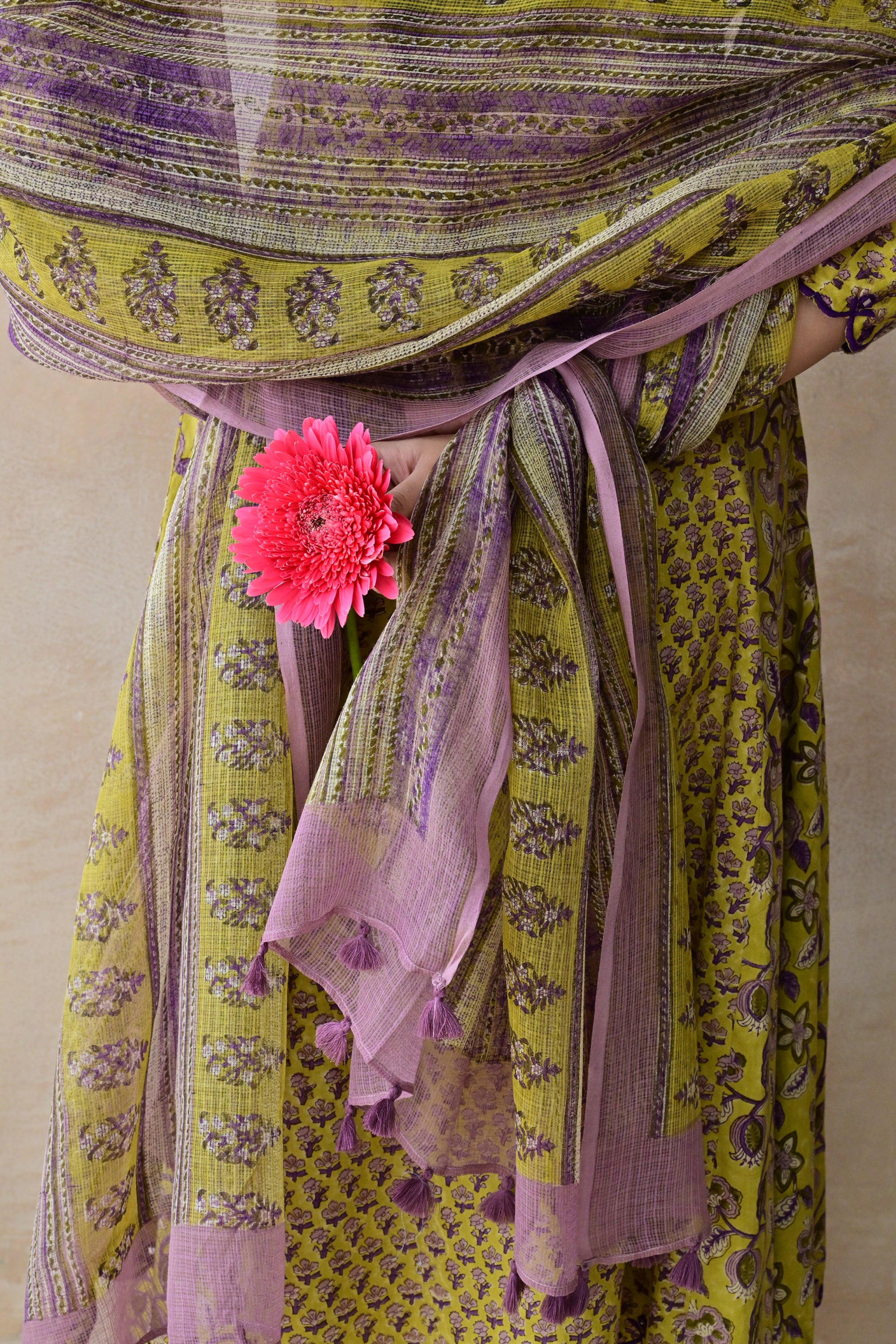 Mustard Yellow & Purple Hand Block Cotton Kurta Palazzo Set with Kota Doriya Dupatta