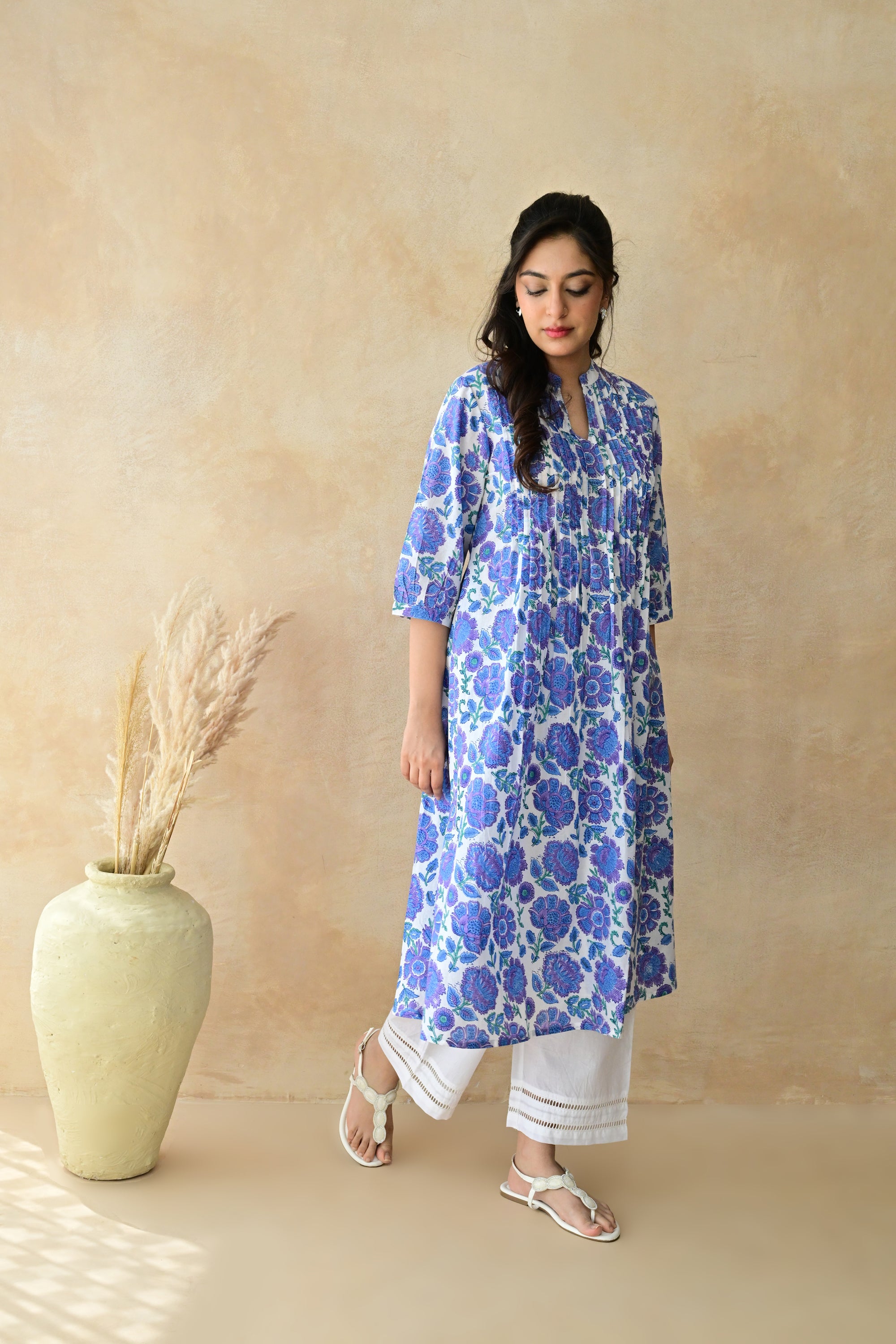 Purple & Blue  Hand Block  Cotton kurta Palazzo Set With Mulmul Dupatta