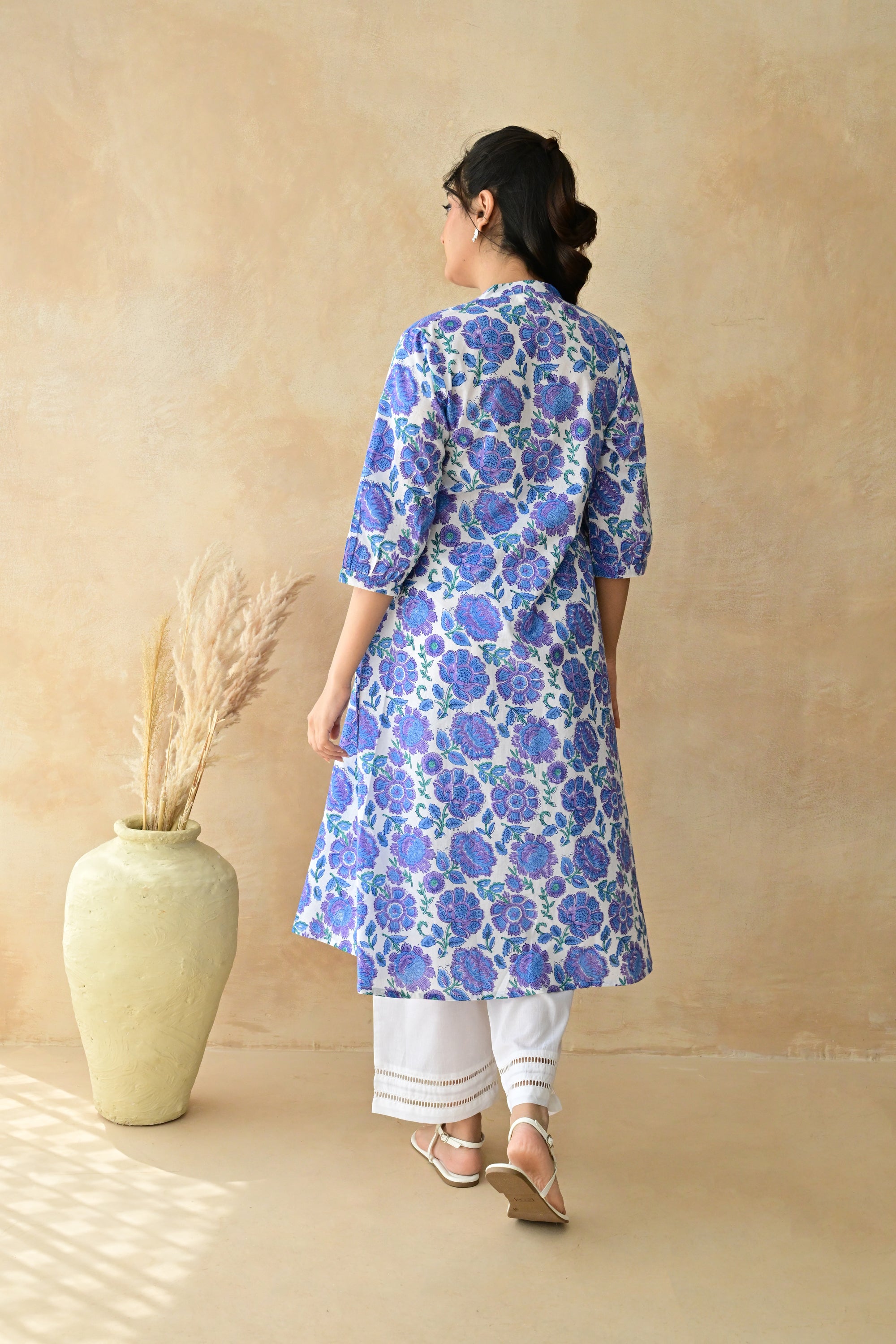 Purple & Blue  Hand Block  Cotton kurta Palazzo Set With Mulmul Dupatta