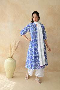 Purple & Blue  Hand Block  Cotton kurta Palazzo Set With Mulmul Dupatta