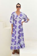 Blue & White Hand Block Printed Long Dress- Set of 1