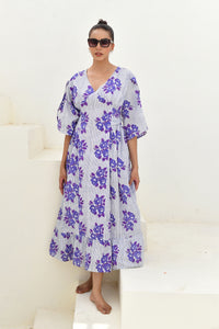 Blue & White Hand Block Printed Long Dress- Set of 1