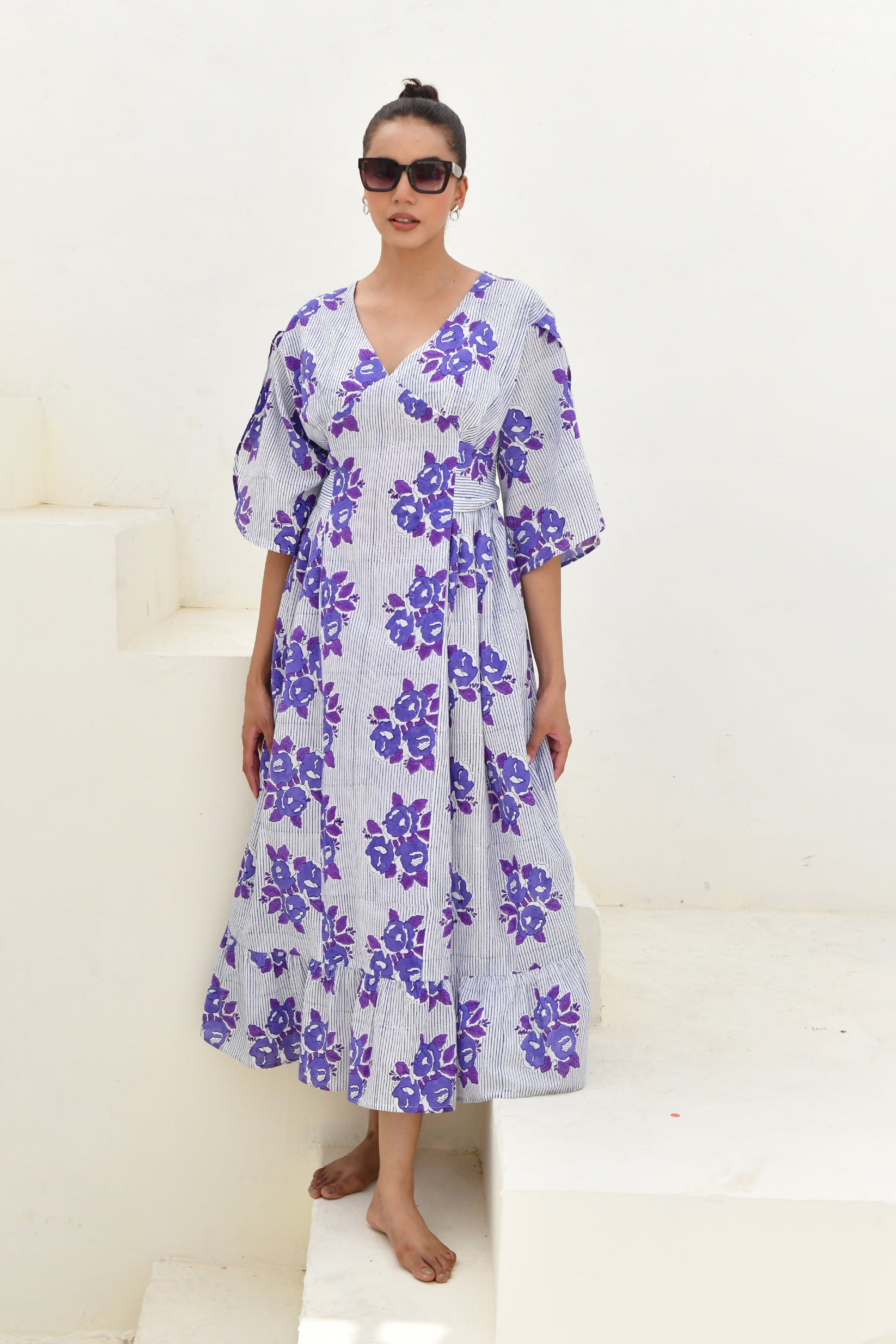 Blue & White Hand Block Printed Long Dress- Set of 1