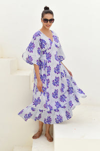 Blue & White Hand Block Printed Long Dress- Set of 1