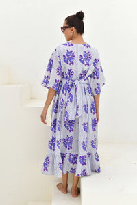 Blue & White Hand Block Printed Long Dress- Set of 1