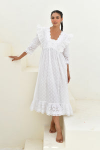 White Dobby Printed Long Dress- Set Of 1