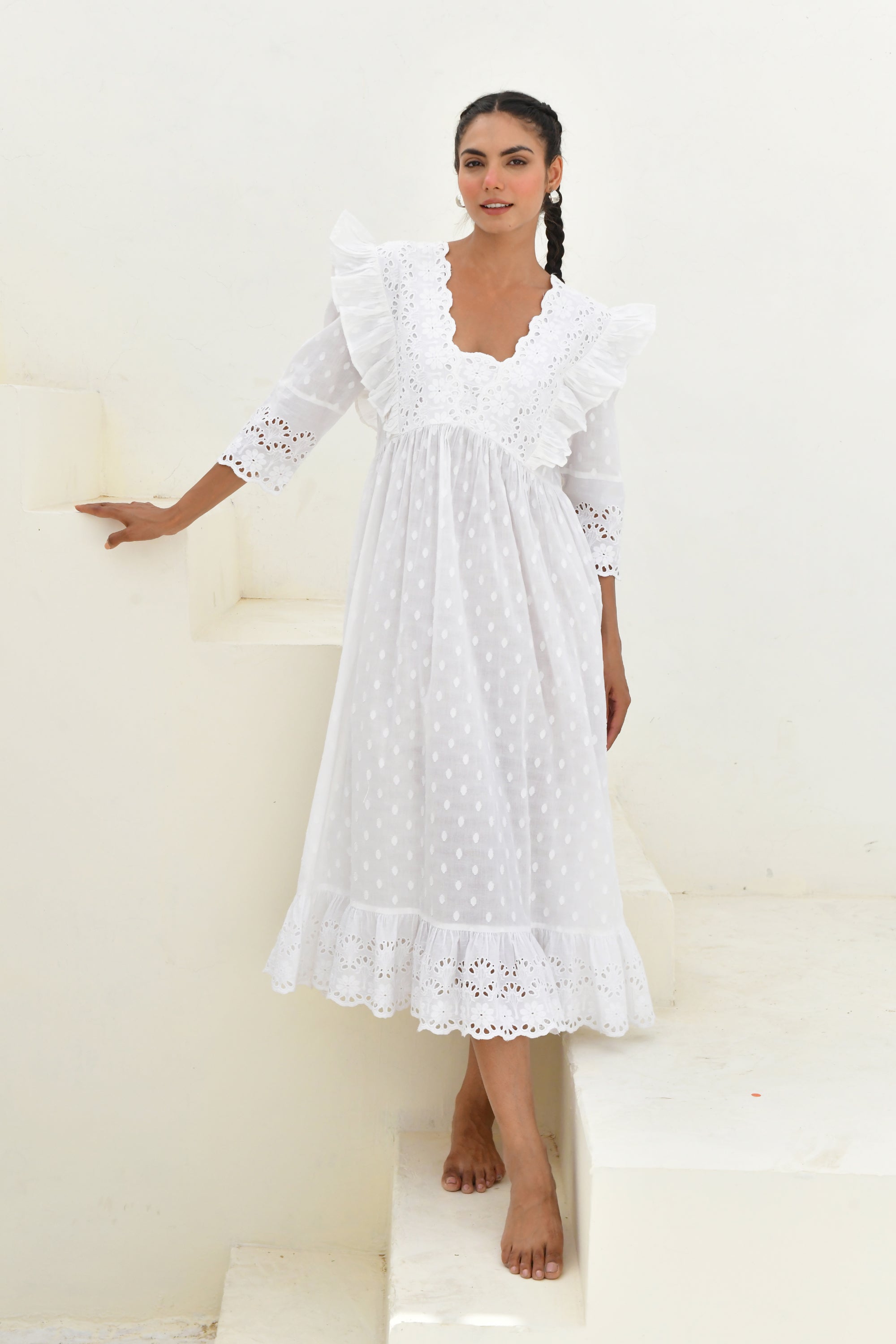 White Dobby Printed Long Dress- Set Of 1