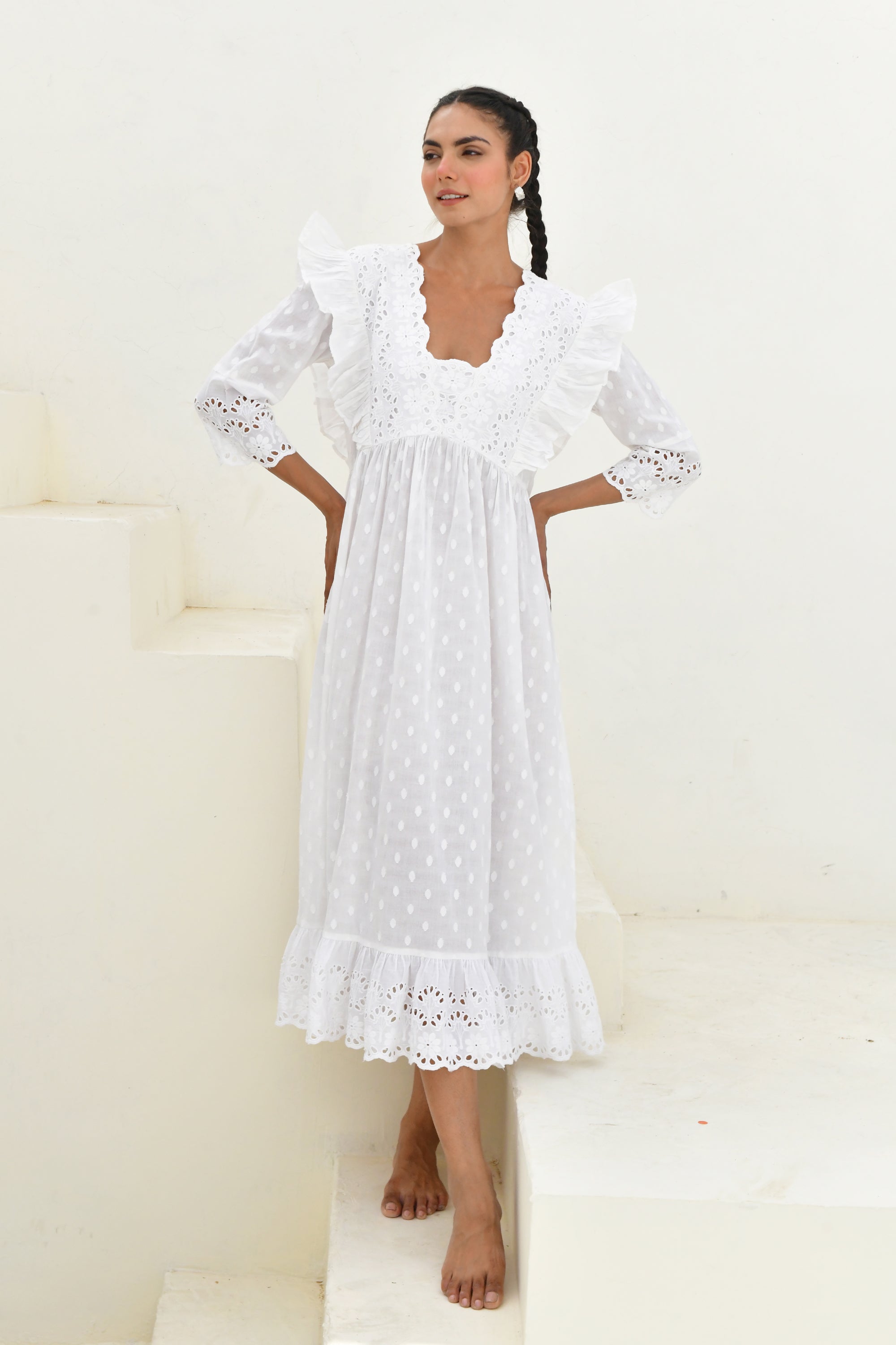 White Dobby Printed Long Dress- Set Of 1