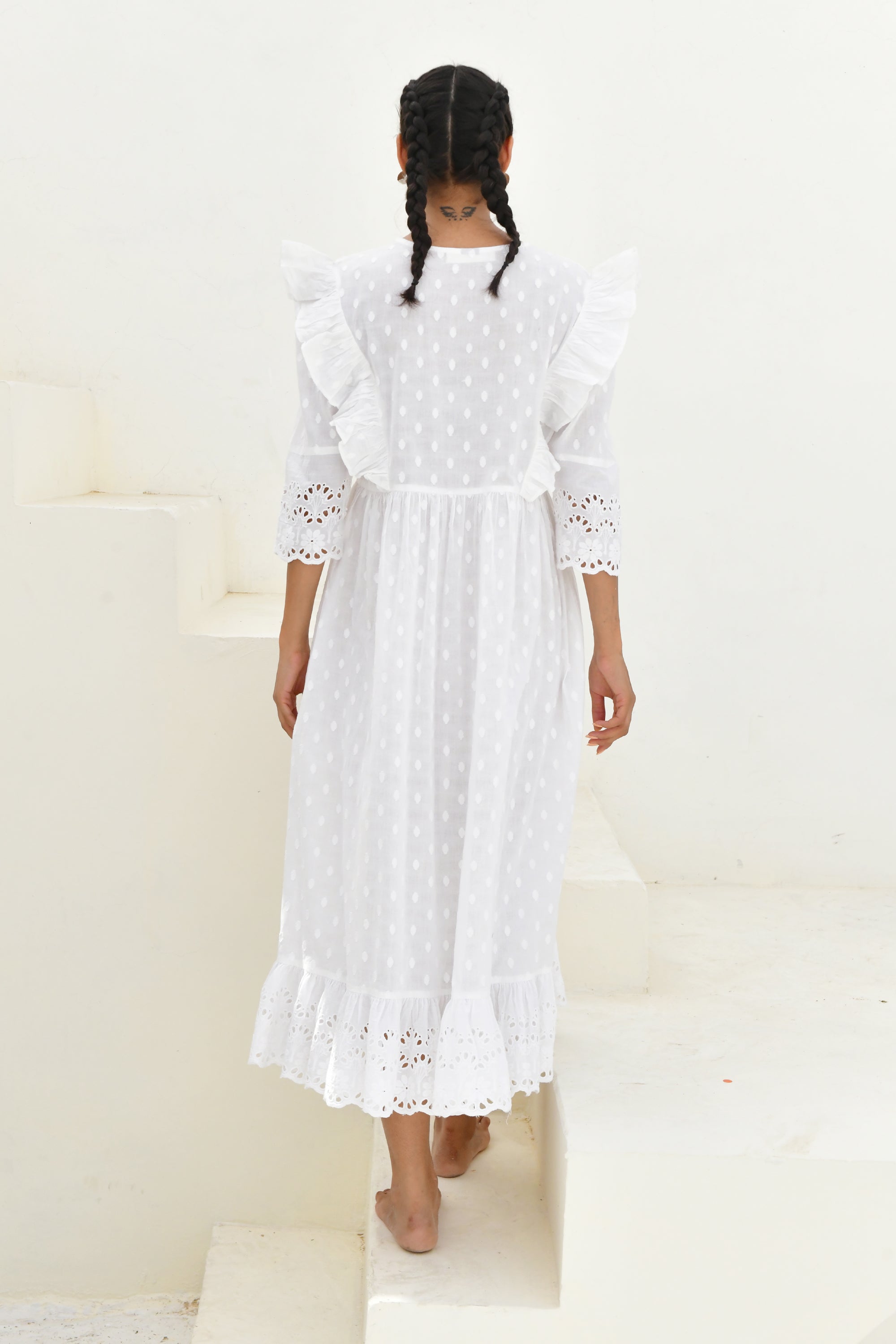 White Dobby Printed Long Dress- Set Of 1