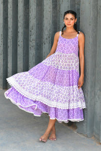 Purple & White Hand Block Printed Cotton Dress- Set Of 1