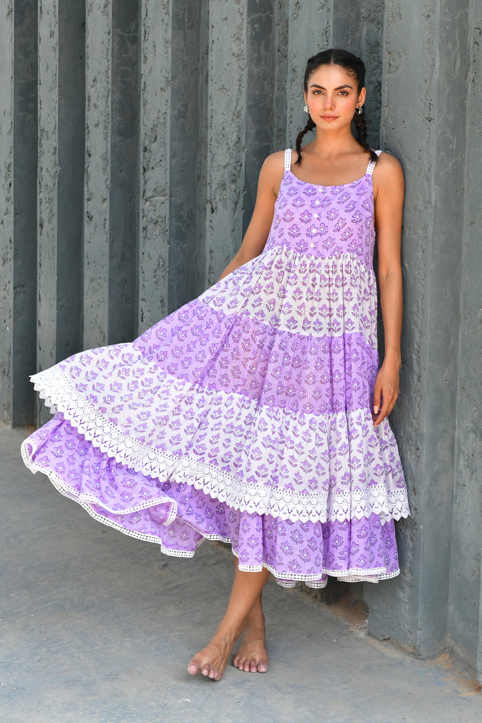 Purple & White Hand Block Printed Cotton Dress- Set Of 1