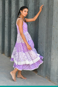 Purple & White Hand Block Printed Cotton Dress- Set Of 1