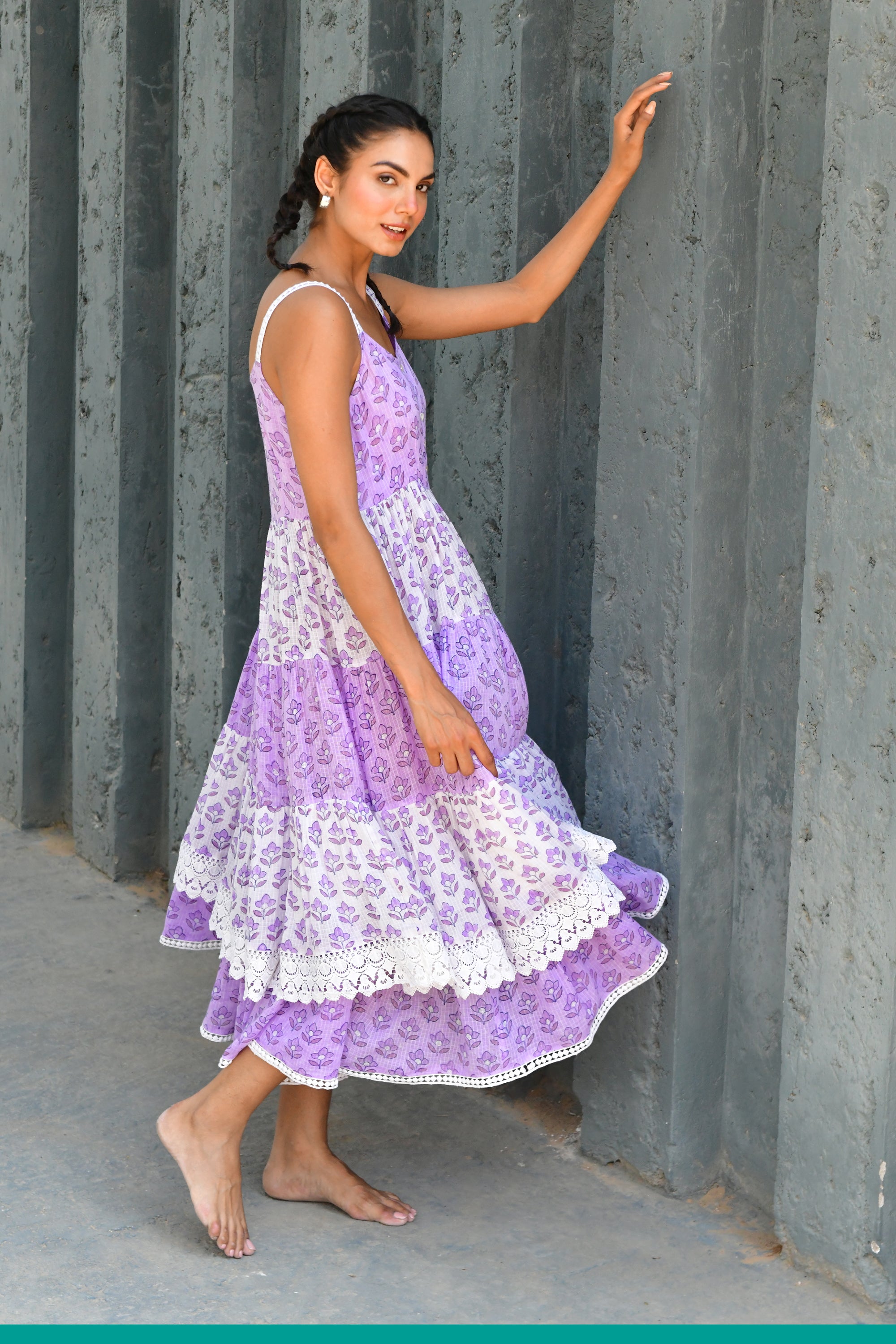 Purple & White Hand Block Printed Cotton Dress- Set Of 1