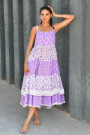 Purple & White Hand Block Printed Cotton Dress- Set Of 1