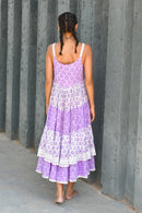 Purple & White Hand Block Printed Cotton Dress- Set Of 1