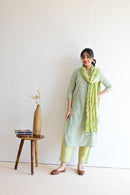 Mint Green  Hand Block  Cotton kurta Pant Set With Mulmul Dupatta