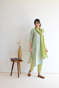Mint Green  Hand Block  Cotton kurta Pant Set With Mulmul Dupatta