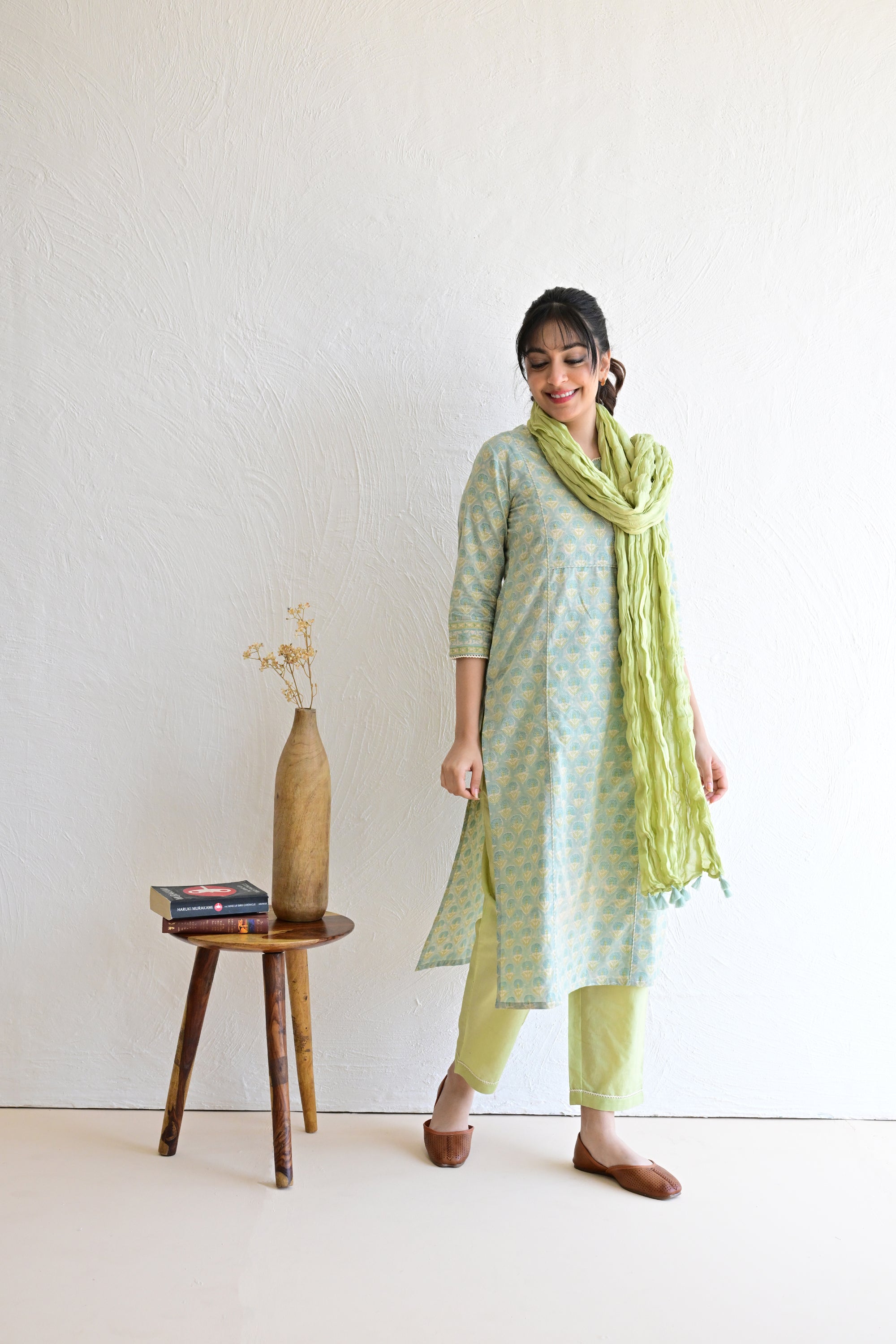 Mint Green  Hand Block  Cotton kurta Pant Set With Mulmul Dupatta