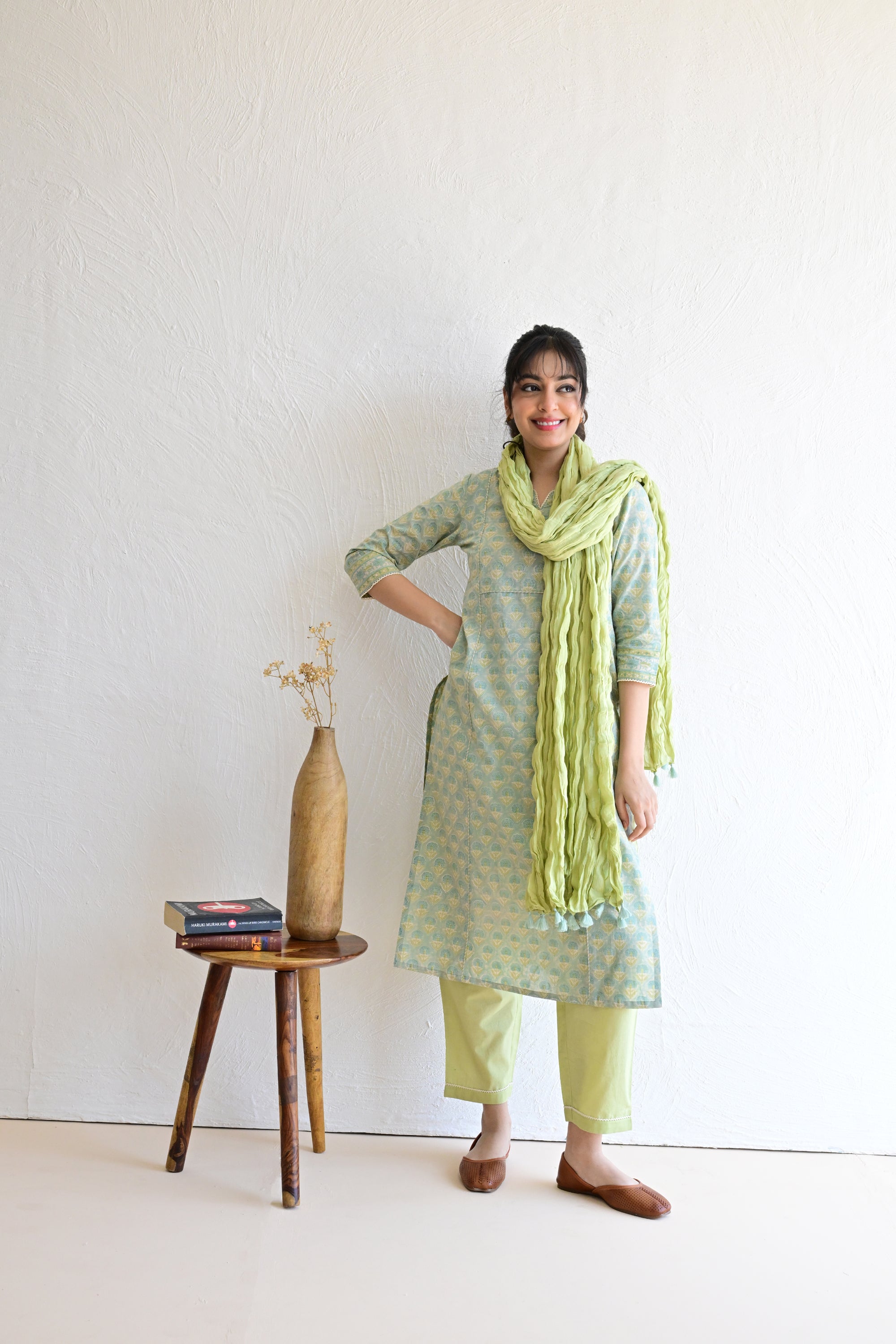 Mint Green  Hand Block  Cotton kurta Pant Set With Mulmul Dupatta