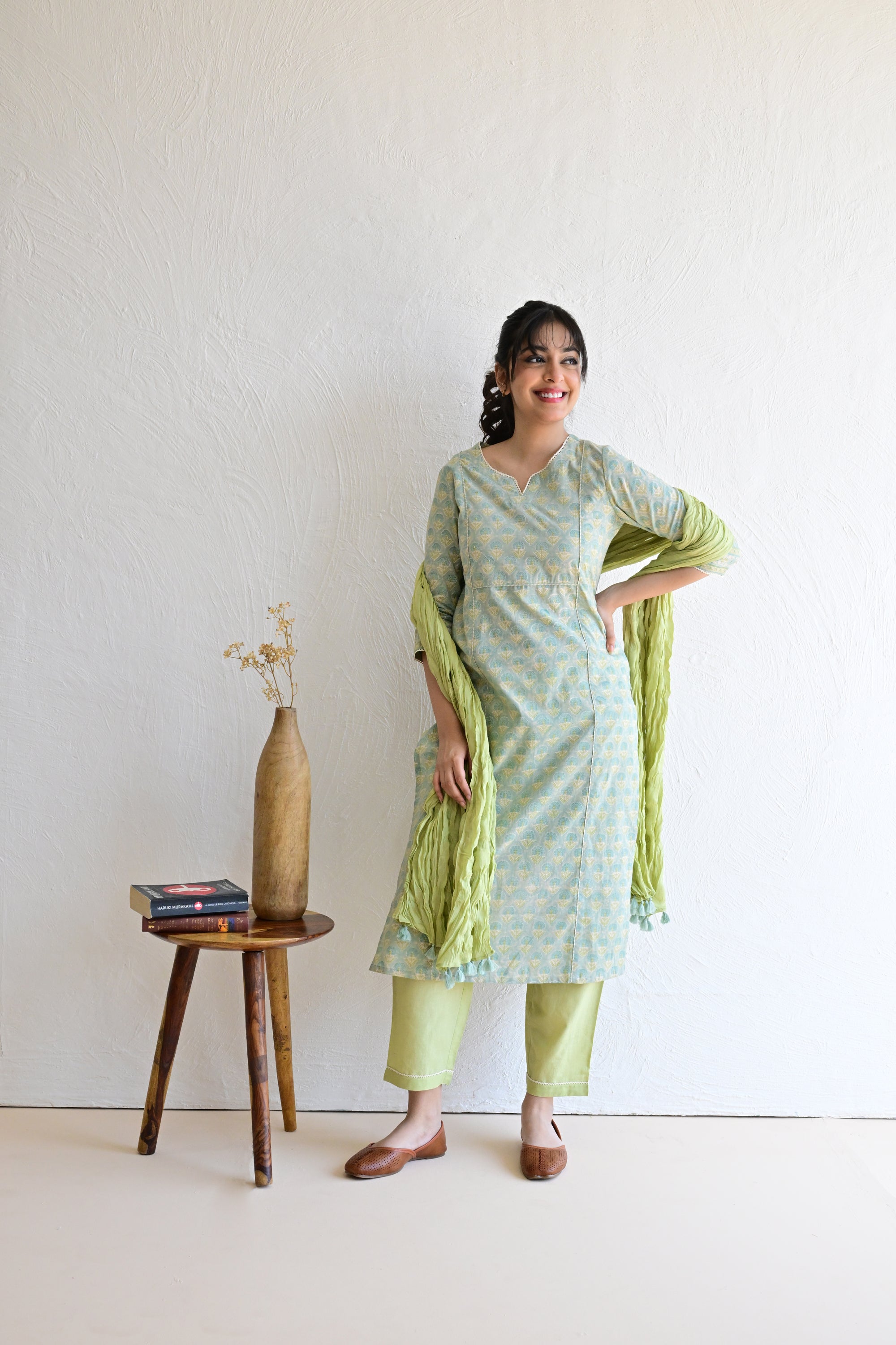 Mint Green  Hand Block  Cotton kurta Pant Set With Mulmul Dupatta