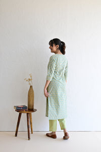 Mint Green  Hand Block  Cotton kurta Pant Set With Mulmul Dupatta