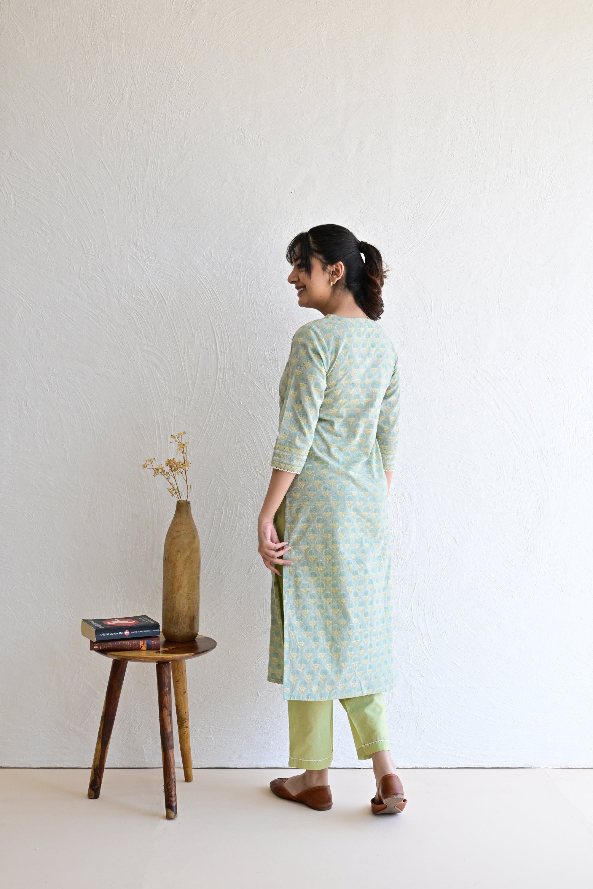Mint Green  Hand Block  Cotton kurta Pant Set With Mulmul Dupatta