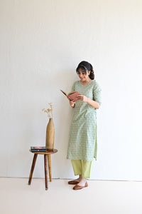 Mint Green  Hand Block  Cotton kurta Pant Set With Mulmul Dupatta