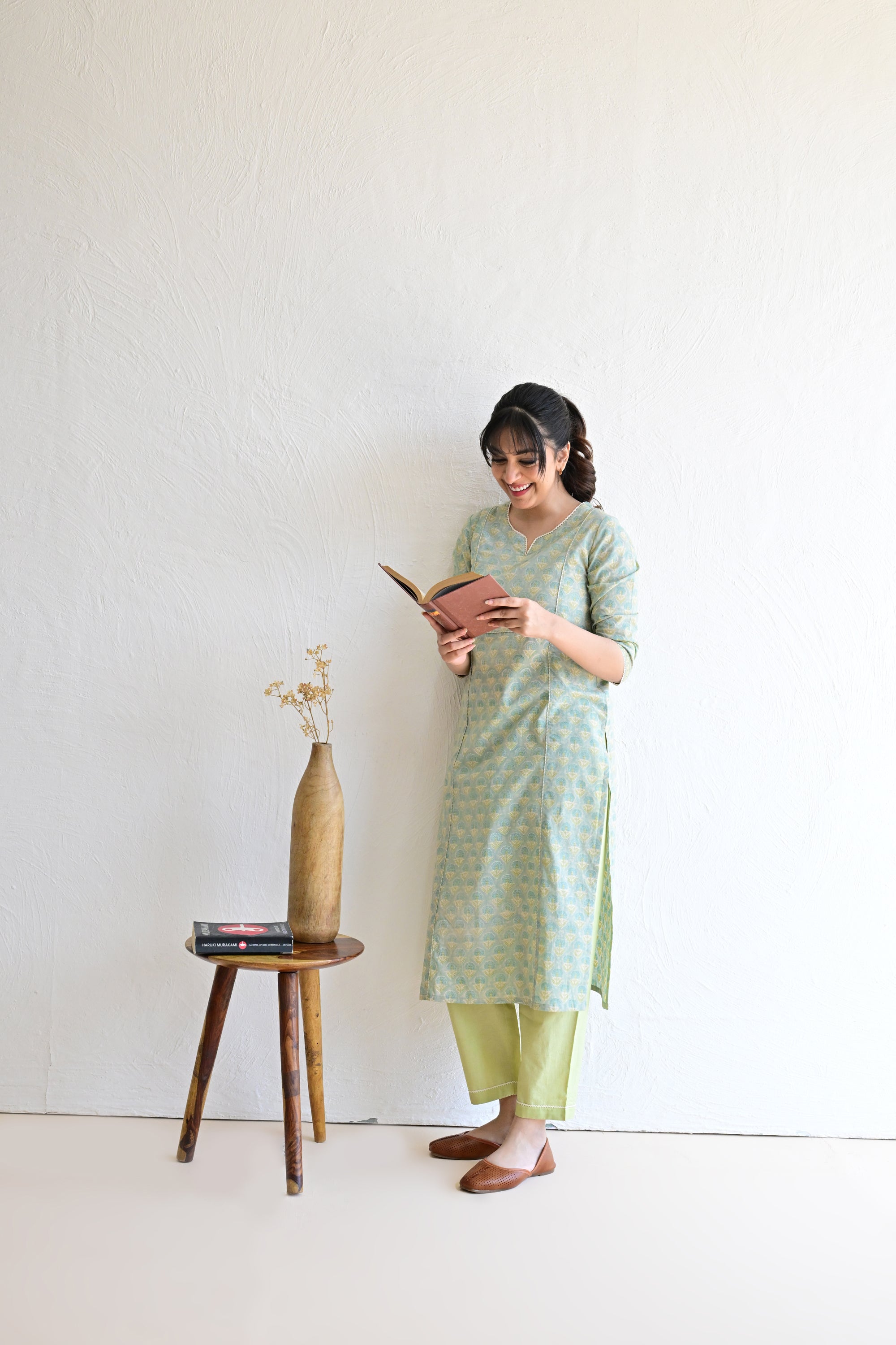 Mint Green  Hand Block  Cotton kurta Pant Set With Mulmul Dupatta