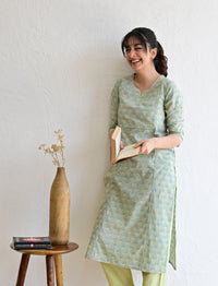 Mint Green  Hand Block  Cotton kurta Pant Set With Mulmul Dupatta