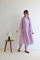 Light Purple Hand Block  Cotton kurta Pant Set With Mulmul Dupatta