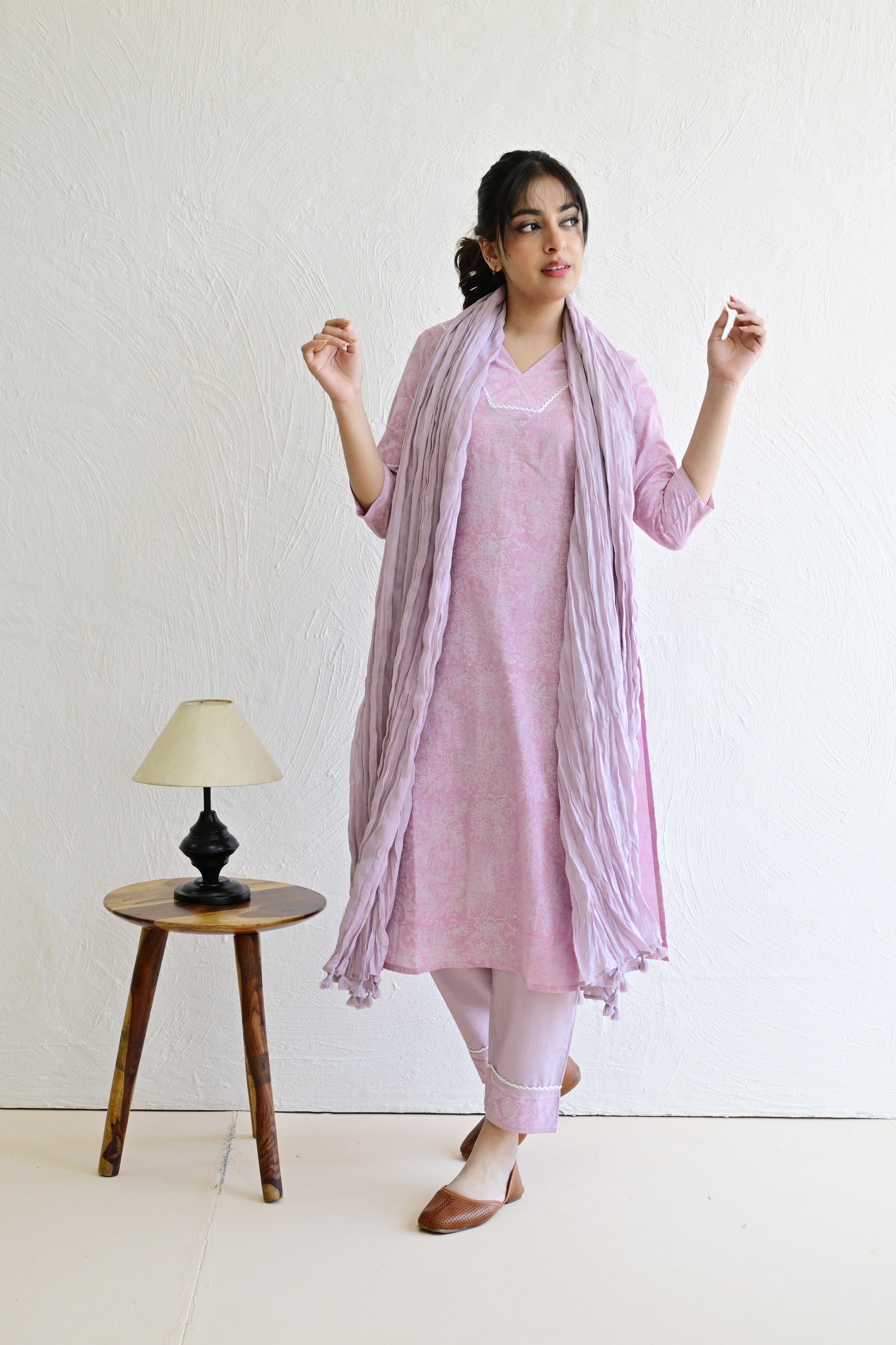 Light Purple Hand Block  Cotton kurta Pant Set With Mulmul Dupatta