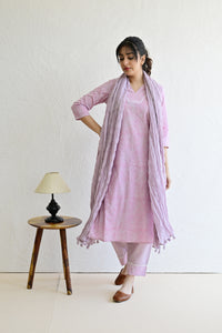 Light Purple Hand Block  Cotton kurta Pant Set With Mulmul Dupatta